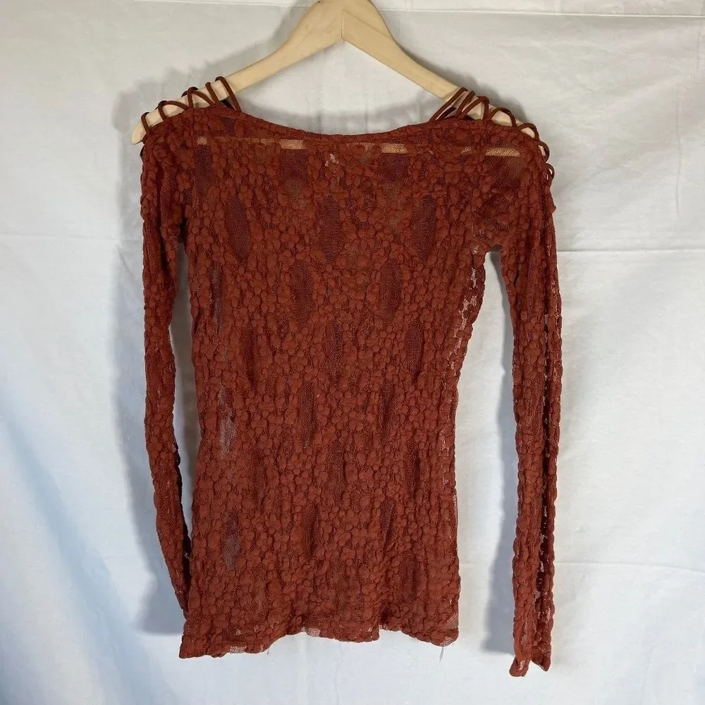 Intimately Free People Burnt Orange Lace Top Lattice‎ Tie Sleeves Sz XS